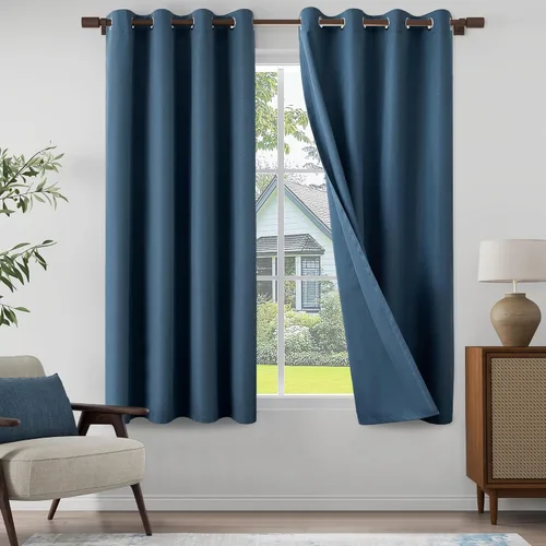 Vista 29 de Cortinas texturizadas de lino 100% opacas de 64 pulgadas de largo, juego de 2 paneles para granja, casa de campo, cortinas ligeras con ojales