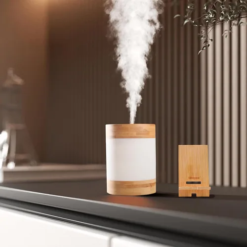 Vista 8 de Mini humidificador ultrasónico de bambú, humidificador de escritorio silencioso de 14.1 onzas líquidas con luz nocturna LED dual, alimentado por
