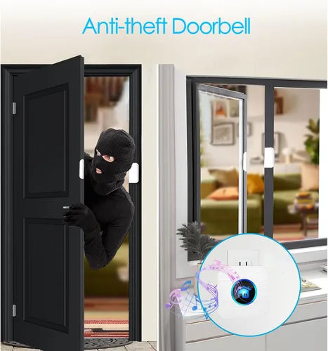 Vista 5 de Timbre de puerta inalámbrico, timbre inalámbrico para tienda con indicadores LED, impermeable, alarmas de puerta cuando se abre con rango de 986