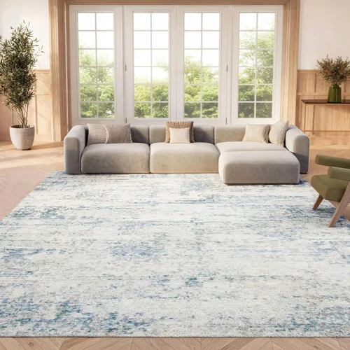 Vista 25 de SAFAVIEH Amelia Collection ALA700A - Alfombra decorativa de 2'2" x 4', diseño moderno abstracto, color marfil y azul, no desprende pelusa y de fácil