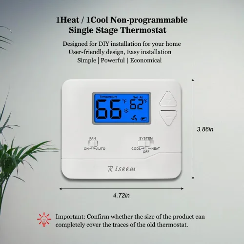 Vista 2 de Termostato no programable para sistemas domésticos de una sola etapa, 1 calor/1 fresco, fácil de instalar, retroiluminación azul