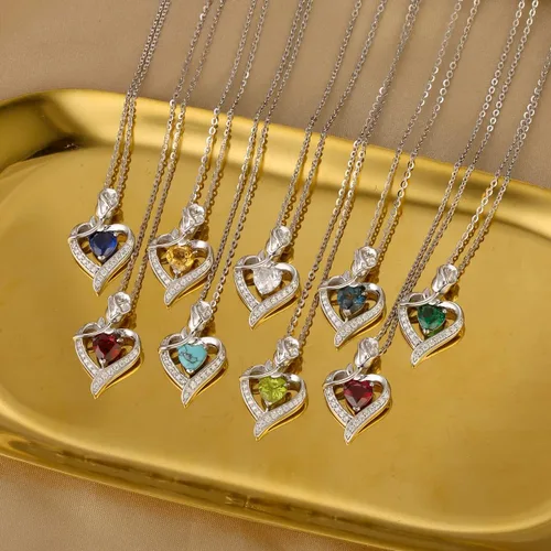 Vista 4 de Collares con dije de piedra de nacimiento, de plata de ley auténtica natural o creada con piedras preciosas, con dije de rosas y corazón