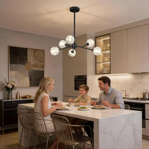Vista 3 de Weesalife Sputnik - Candelabros para comedor, 6 luces de 25 pulgadas de diámetro Black Sputnik Chandeliers Adjustable Height Modern Crystal