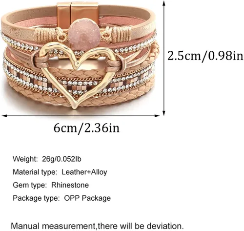 Vista 3 de Caiyao Pulsera de cuero para mujer, pulsera de cuentas con decoración en forma de corazón, pulsera de cristal bohemio con cierre magnético, pulsera