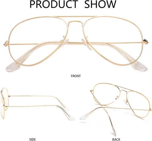 Vista 4 de Gafas de aviador clásicas para mujeres y hombres, marco de metal retro, lentes transparentes sin receta, 2.283 in
