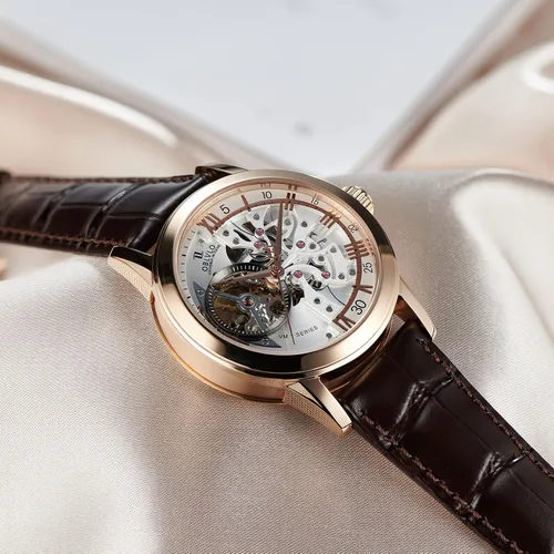 Vista 3 de OBLVLO Relojes casuales de lujo con diseño de esqueleto, oro rosa, relojes automáticos, cristal de zafiro VM-S