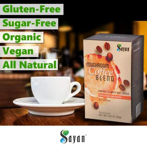 Vista 6 de Sayan Mezcla de café instantáneo de hongos, 20 paquetes (0.09 onzas cada uno) 100% orgánico arábica colombiano Cordyceps y extracto de chaga