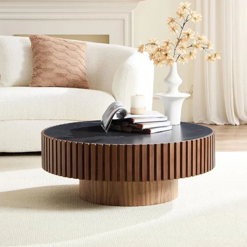Vista 6 de WILLIAMSPACE Mesa de Café Redonda de 35.43" con Tablero de Piedra Sintética, Mesa Central Circular de Madera Moderna de Estilo Granja para la Sala