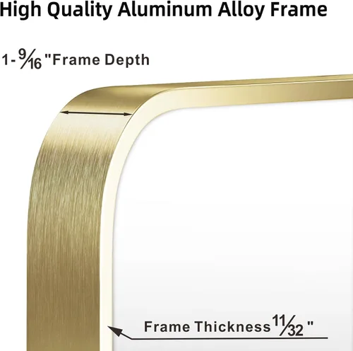 Vista 3 de Espejo de oro francés cepillado de 20 x 30 pulgadas para pared, espejo rectangular redondeado dorado con marco de metal para colgar para baño