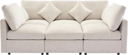 Vista 9 de Sofá modular en forma de U de 86.6 pulgadas, sofá cama en forma de L con una otomana móvil y dos puertos USB para sala de estar (beige)