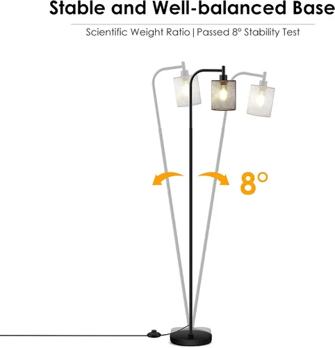 Vista 6 de Lámpara de pie industrial BoostArea, lámpara de pie con pantalla de malla de hierro colgante, bombilla LED de 6 W, lámpara de pie de granja metálica