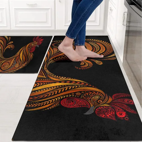 Vista 2 de Juego de 2 alfombras y tapetes de cocina de gallo para piso, alfombra de cocina de gallo de granja, tapete de cocina de pollo negro frente al