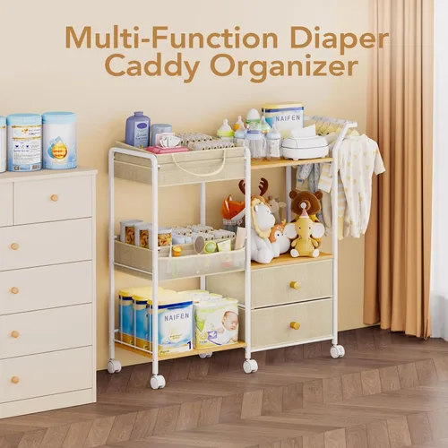 Vista 2 de BBLIKE Organizador de pañales con estante para colgar, carrito de almacenamiento de 3 niveles con cajones y bolsillos laterales para la organización