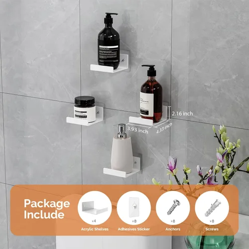 Vista 2 de Estantes de pared flotantes de acrílico para cámaras de seguridad, monitores de bebé, altavoces, estante de pared pequeño blanco con cintas