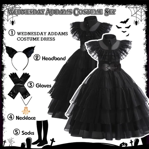 Vista 3 de KISPATTI Wednesday Addams - Vestido para niños, disfraz de Addams para niñas con accesorios para la familia, Halloween, cosplay, fiesta