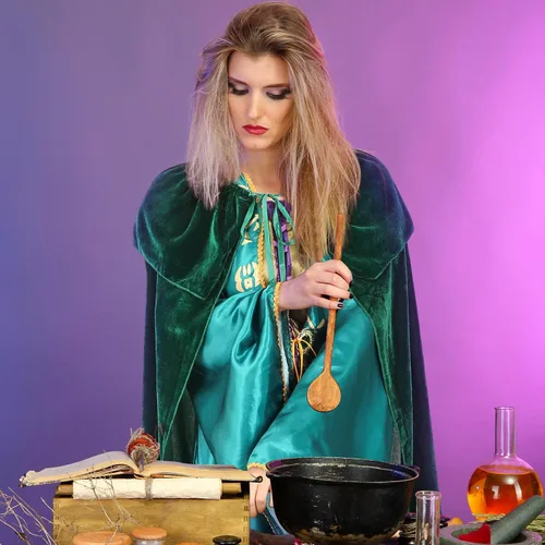 Vista 4 de Disfraz de Halloween de 2 piezas para mujer, vestido de bruja y capa de terciopelo para hermanas de bruja para fiesta