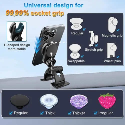 Vista 2 de Soporte de teléfono de automóvil para Pop Socket, agarre para tablero de instrumentos, base adhesiva doble para cualquier superficie, soporte