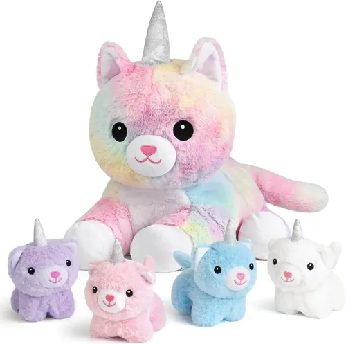 Vista 12 de KMUYSL Juguetes para Niñas de 0 1 2 3 4 5 6 7 8+ Años – Animal de Peluche de Unicornio Mamá con 4 Bebés Unicornios en su Barriguita, Set de Juguetes