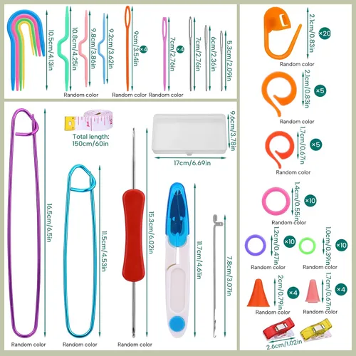 Vista 2 de JUPEAN Accesorios completos para tejer, kit de suministros para tejer con marcadores de puntada, agujas de coser de plástico, agujas de cable
