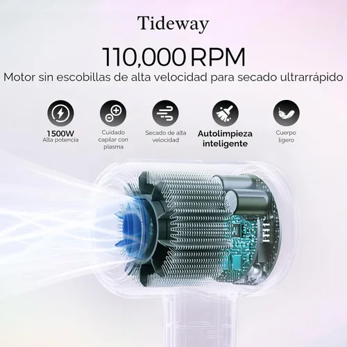 Vista 2 de Tideway Secador de pelo profesional de alta velocidad iónico 110,000 RPM, secador de pelo compacto con difusor magnético, secado rápido con motor