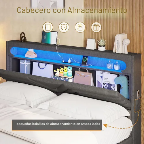 Vista 4 de HAUOMS - Base de cama flotante LED tamaño matrimonial con cabecera de almacenamiento, color gris oscuro Upholstered Full Platform Bed Frame with