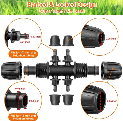 Vista 5 de 12 piezas de accesorios de riego por goteo para tubo de 1/2 pulgada a 1/4 pulgadas, camiseta reductora de tubería de 1/2 a 1/4 pulgadas, línea
