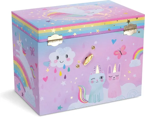 Vista 4 de Jewelkeeper Cotton Candy Unicorn - Caja de almacenamiento musical grande para joyas con 4 cajones extraíbles, joyero musical para niña, hermoso tono