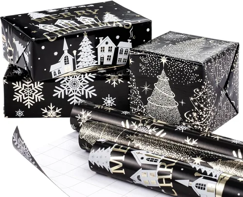 Vista 2 de RUSPEPA Juego de papel de regalo de Navidad negro y dorado, mini rollo, papel de regalo navideño con lámina dorada con árbol, copo de nieve y diseño