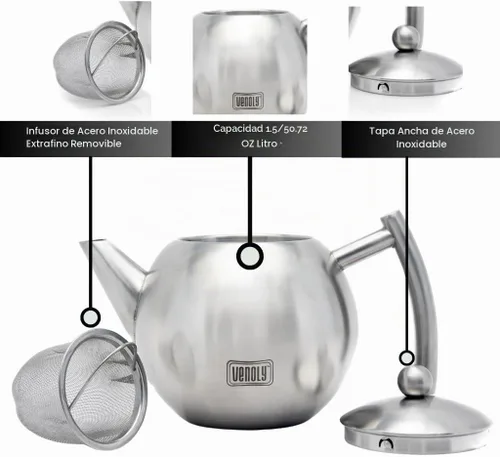 Vista 6 de Venoly Tetera de acero inoxidable con infusor extraíble para hojas sueltas y bolsas de té, agua caliente de hervir rápidamente, apta