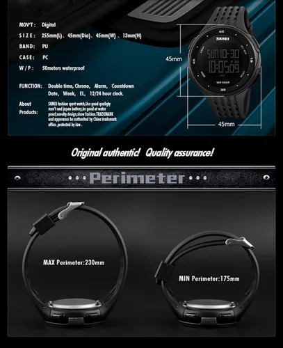 Vista 6 de PASOY Mens Digital Multi-Function Watch 2 Time Black Rubber Alarm Stopwatch Countdown Date Green Backlight Swim Waterproof Watches Black