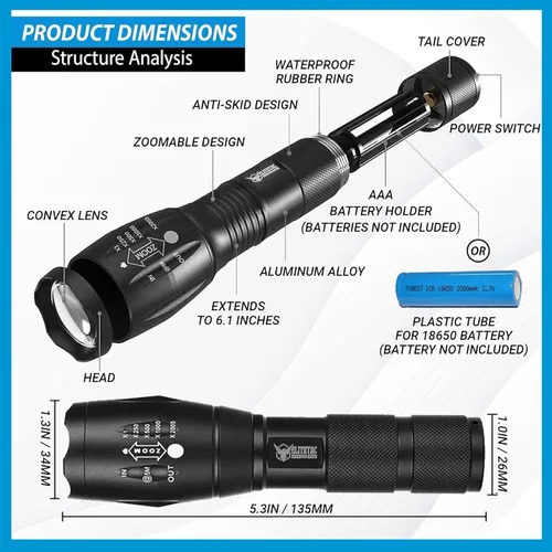 Vista 2 de FREEZE2TRIM Linterna Vital Tac, Elite Tac Linterna Modelo 2026 Vitaltac Militar Táctica USA Batería LED Alta Lúmenes Grado Militar 2000 Lúmenes 5
