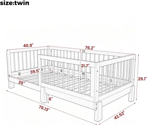 Vista 2 de SOFTSEA Cama Montessori de tamaño individual con barandillas para niños Natural