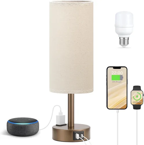 Vista 12 de Fenmzee Juego de lámparas de mesa pequeñas táctiles regulables de 2 a 3 vías, carga USB A + C, salida de CA, base de grano de madera, bombillas