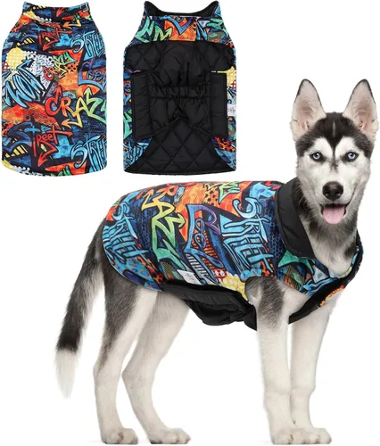 Vista 21 de CuteBone Abrigo de invierno para perro, chaleco reversible impermeable y resistente al viento, chaqueta gruesa ajustable para clima frío con agujero
