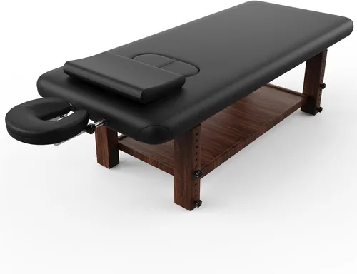 Vista 10 de Mesa de masaje estacionaria con marco de madera resistente con patas de altura ajustable, respaldo, para tratamiento, terapia física, cama de masaje