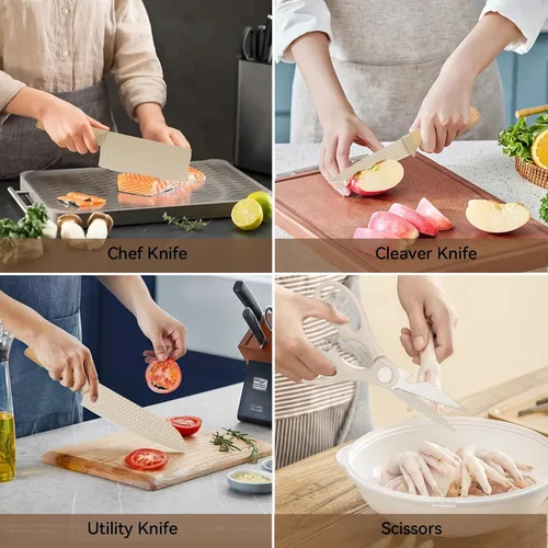 Vista 13 de Juego de cuchillos de cocina profesionales de 10 piezas con bloque universal de cuchillos, herramientas de cocina antiadherentes resistentes al Caqui