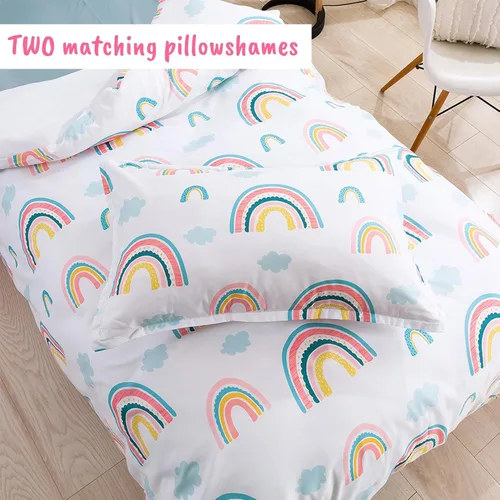 Vista 7 de Juego de funda de edredón para niños, tamaño completo, funda de edredón de microfibra de nube arcoíris de 3 piezas con fundas de almohada con cierre