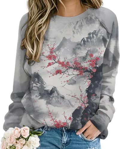 Vista 19 de ZOCANIA Sudaderas para mujer, sin capucha, manga larga, cuello redondo, estampado floral, ajuste holgado
