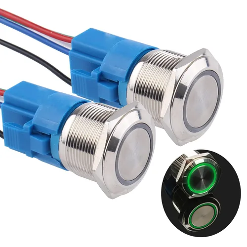 Vista 17 de Paquete de 2 interruptores de botón momentáneos de 0.63 pulgadas, 12 V-24 V, LED, impermeable, de metal, 1 NO 1 NC, con enchufe de cable