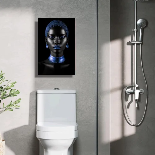 Vista 3 de Arte de pared afroamericano, impresiones en lienzo de niña negra y azul, póster de mujer afro-moderna, pintura artística negra para sala de estar