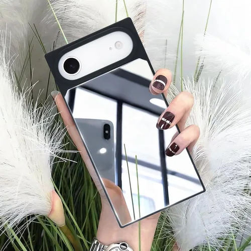 Vista 9 de LUVI Funda rectangular compatible con iPhone 14 para mujer, maquillaje, bonito diseño de espejo de cristal brillante de lujo con parachoques