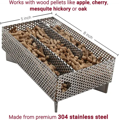 Vista 3 de Kaduf Bandeja para ahumar pellets de 5 x 8 pulgadas, 12 horas de humo ondulante, tubo ahumador para ahumar carne caliente y fría, pescado, queso