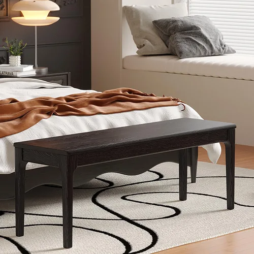 Vista 5 de Banco de comedor, banco de madera de roble macizo, mesa de comedor para interiores, hogar, dormitorio, extremo de cama, restaurante, muebles Negro