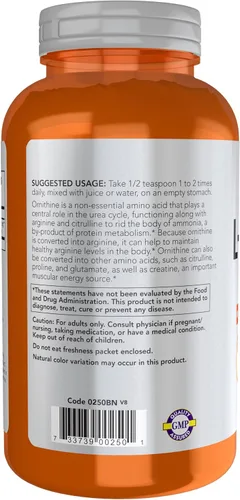 Vista 3 de NOW Sports Nutrition, L-ornitina en polvo, metabolismo de proteínas* y desintoxicación de urea*, aminoácidos, 8 onzas