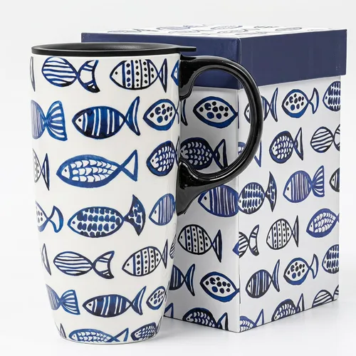 Vista 14 de Topadorn Taza de Cerámica para Café de Porcelana Latte Taza de Té con Tapa en Caja de Regalo 17oz, Flores Azules