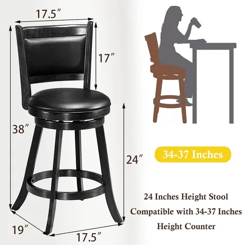 Vista 3 de ERGOMASTER Taburetes de bar giratorios de 24 pulgadas con respaldo, madera de caucho, negro, juego de 2