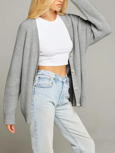 Vista 7 de MEROKEETY Suéteres tipo cárdigan para mujer 2023 para otoño, frente abierto, botones de gran tamaño, cuello en V, suelto, tejido suave