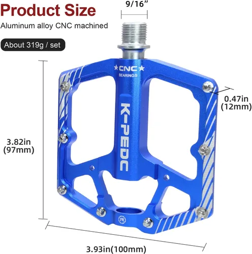 Vista 3 de Bike Pedal Aluminum Alloy 9/16" Bike Pedal MTB Wide Platform Flat Non-Slip Bicycle Pedals with 3 Bearings for Mountain Bikes, Road, BMX