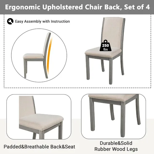 Vista 8 de Juego de mesa de comedor extensible rústica de 5 piezas con hojas caídas y 4 sillas de comedor tapizadas, mesa de madera maciza para comedor