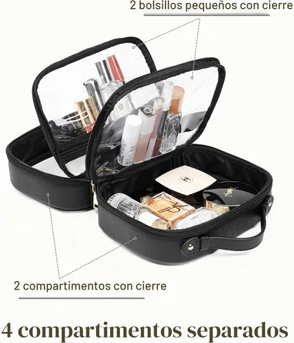 Vista 3 de Bolsa de Cosméticos Transparente de Doble Capa Bolsa de Artículos de Tocador de Viaje Bolsa de Maquillaje Transparente Estuche con 4 Compartimentos